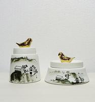Ensemble de vases en céramique chinoise traditionnelle, pots à couvercle décorés de paysages et de finitions d'oiseaux, décoration de table