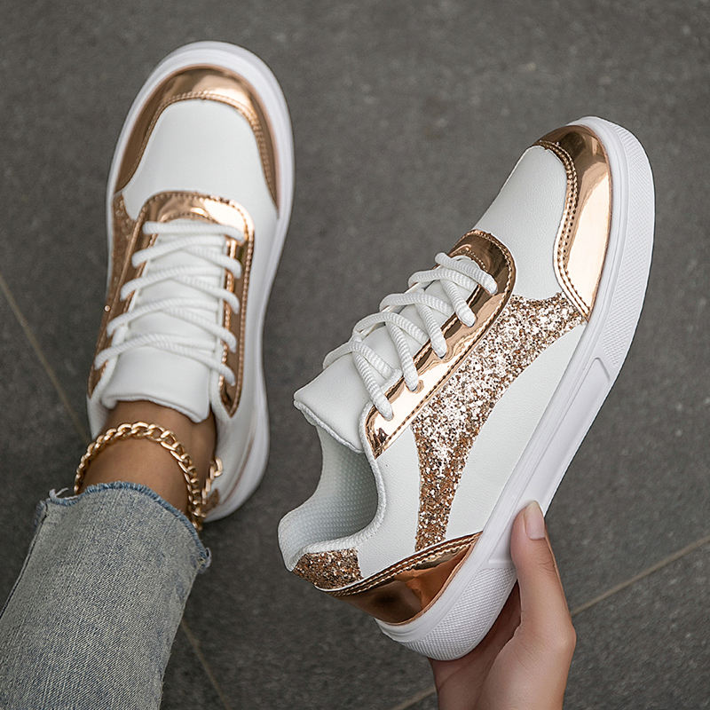 New Hot Best Sale Glitter Shinning Women Shoes Big Size 41 42 43 Flat  Fashion Rose Gold Sneaker Bling Bling Party Shoe Quality