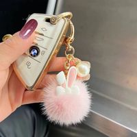 Porte-clés Mignon en Forme d'Oreilles de Lapin avec Perles, Pompon en Fausse Fourrure Moelleuse, Breloque pour Femme