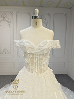 Robe de mariée QUEENS GOWN, style princesse, épaules dénudées, taille basque, avec baleines apparentes et fleurs 3D, élégante