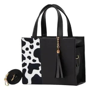 Bolso de Hombro Fana con Estampado de Vaca, Cuero Genuino y Nylon, Diseño Vintage con Borlas, Bolso de Invierno para Mujer, Correa Única, Uso Diario - Product Image 1
