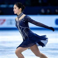 Robe de patinage artistique bleu marine à strass, col montant, dos évidé, manches longues, en maille, pour compétition de patinage sur glace, personnalisable