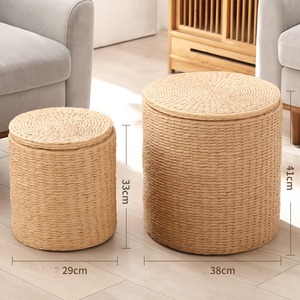 Wholesale Handwoven Rattan <strong>Storage</strong> Ottoman <strong>Bench</strong> with Lid Round <strong>Storage</strong> <strong>Basket</strong> for Bedroom Living Room - Product Image 4