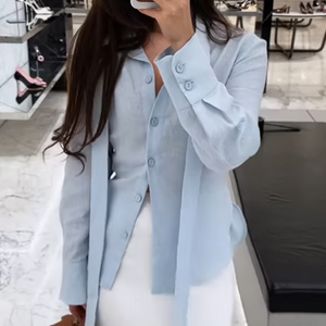 Damen Koreanische Bluse mit Bindung, 100% Baumwolle, Rückenkreuzbindung, Schlankmachender Asymmetrischer Saum, Büro-Damen Langarm-Hemd - Product Image 1
