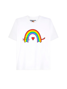T-shirt da donna Rainbow Cat And Heart a maniche corte con scollo rotondo, grazioso top stampato in jersey di cotone primaverile ed estivo - Product Image 1