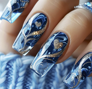 <span class=keywords><strong>Uñas</strong></span> Acrílicas al por Mayor, 24 Piezas, Marca Personalizada, <span class=keywords><strong>Azul</strong></span> Brillante Degradado, Largas, Cuadradas, Línea Dorada Curva, Cobertura Completa - Product Image 1