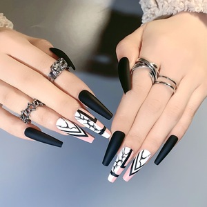 <span class=keywords><strong>Uñas</strong></span> postizas de cobertura completa, estilo ballet, en dos tonos, negro, nude y <span class=keywords><strong>rosa</strong></span>, con efecto mármol craquelado blanco, color sólido mate, para mujer. - Product Image 1