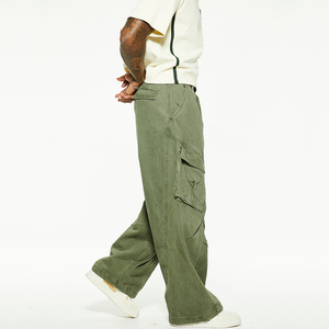 Logo personnalisé rétro avec poche jambe large <span class=keywords><strong>toile</strong></span> jean droit motif plat avant taille moyenne pantalon cargo pour hommes - Product Image 2