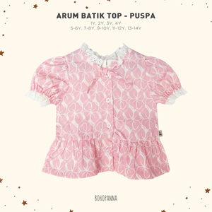 โบโฮปันนาเสื้อเชิ้ตผ้าฝ้ายบาติกสำหรับเด็กผู้หญิง คอปกลูกไม้ กระดุมด้านหน้า แขนสั้น พิมพ์ลาย สีชมพู สีม่วง ไซส์เดียว 2-7 ปี - Product Image 3