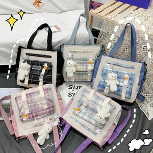 캐주얼 다채로운 격자 무늬 투명 플라스틱 버클 큰 숙녀 허리 핸드백 슬링 어깨 토트 메신저 가방 곰 펜던트 - Product Image 1