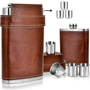 Personalized Leather Wine Flask Sleeve Travel Waterproof Cowhide Whisky Hip Flask <b>Set</b> Cover Custom Logo Camping Wine Case Sleeve - Product Image 2