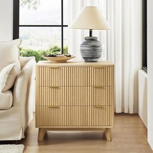Mesa <span class=keywords><strong>de</strong></span> <span class=keywords><strong>Noche</strong></span> Moderna con Paneles Acanalados Anchos y Almacenamiento, Diseño <span class=keywords><strong>de</strong></span> Perfil Curvo, Acabado <span class=keywords><strong>en</strong></span> Madera Natural para Dormitorio - Product Image 3