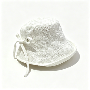 Women's <b>White</b> <b>Lace</b> Bucket Hat with Bow Breathable Floral Embroidery Sun Protection Fisherman Cap for Summer Beach Travel - Product Image 5