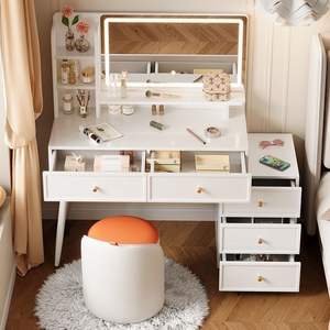 Ensemble de coiffeuse moderne avec miroir LED, table de maquillage blanche avec <span class=keywords><strong>armoire</strong></span> latérale et tabouret - Product Image 1