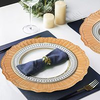 Assiettes de présentation rondes en plastique dorées de 13 pouces, avec bordure perlée gravée, vaisselle solide pour mariage et fête