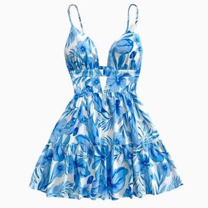 Vestido Casual Personalizado de Moda con Cuello en V, Tirantes Finos, Estampado, Mini Vestido Sexy para el Sol, Vestido Formal Azul para Mujer - Product Image 3