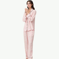 Pakaian Tidur Modal Custom ODM Bahan Katun Bambu Lembut dan Bernapas dengan Lis Piping, Piyama PJ Loungewear Set Wanita