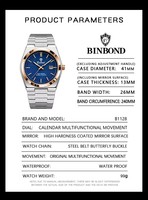 BINBOND Jam Tangan Bermerek Mewah Jam Tangan Bercahaya Tahan Air dan Tahan Benturan Jam Tangan Olahraga Pria Kalender Kuarsa Jam Tangan Relogio Masculino B1128