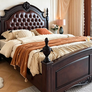 New Arrival Ornate Floral Carved Dark Brown Diamond Tufted Leather Four Poster Solid Wood Bed with Carved Storage Nightstands - Product Image 4