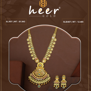 Conjunto de collar largo tradicional de oro con colgante ornamentado y detalles intrincados, ideal para novias, bodas y eventos festivos. - Product Image 2
