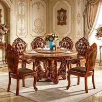 Ensemble de table à manger ronde en bois massif sculpté à la main de style européen de luxe avec plateau tournant en verre et chaises en cuir PU pour villa et maison - Vente en gros