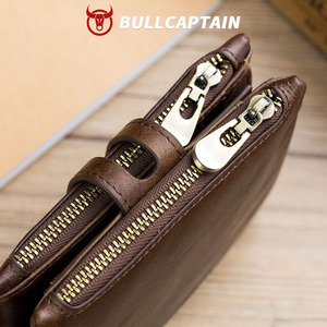 BULLCAPTAIN Genuine Leather <b>RFID</b> <b>Men</b> <b>Wallet</b> Credit Business Card Holders Double Zipper Cowhide Leather <b>Wallet</b> Purse Carteira - Product Image 6