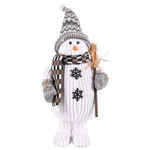Traditional Grey Pattern Hat Snowman Doll with Straw <b>Broom</b> for Scandi-Style Holiday Floor Decor New - Product Image 1