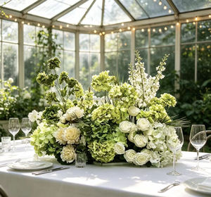 Composizione Floreale per Matrimonio Personalizzata, Centrotavola con Rose Artificiali in Seta e Ortensie Verdi - Product Image 1