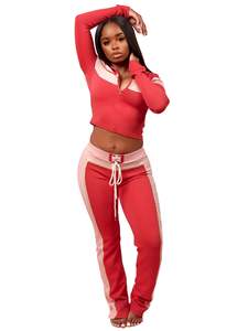 Individuelles LOGO Herbstkleidung Damen-Sets Streetwear Kontrast Lange Hose und Sport-BH Crop-Jacke Trainingsanzug für Damen Loungewear - Product Image 3