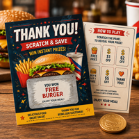 Cartes à gratter personnalisées avec impression couleur, remerciement, promotion pour restaurants de restauration rapide, cartes à gratter gagnantes en gros