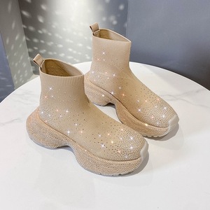 Chaussures de luxe respirantes en maille extensible à tige haute avec strass pour femmes, nouvelles baskets à semelle épaisse scintillantes, chaussures de créateur avec logo personnalisé - Product Image 4