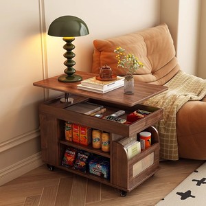 Solid Wood Coffee <b>Table</b> With Storage Shelves And <b>Wheels</b> <b>For</b> Living Room Sofa Side Use - Product Image 1