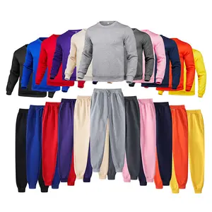 Custom Logo Blank Two Piece Siold Color Pullover O-Neck Long Sleeve Sweat Shirt Hoodie And Pant Sweatpants Hoodies Set Men Woman