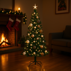 Sapin de Noël artificiel vert pré-éclairé 59,1 pouces avec lumières LED blanc chaud, base autoportante pour intérieur, construction en PVC et métal - Product Image 2