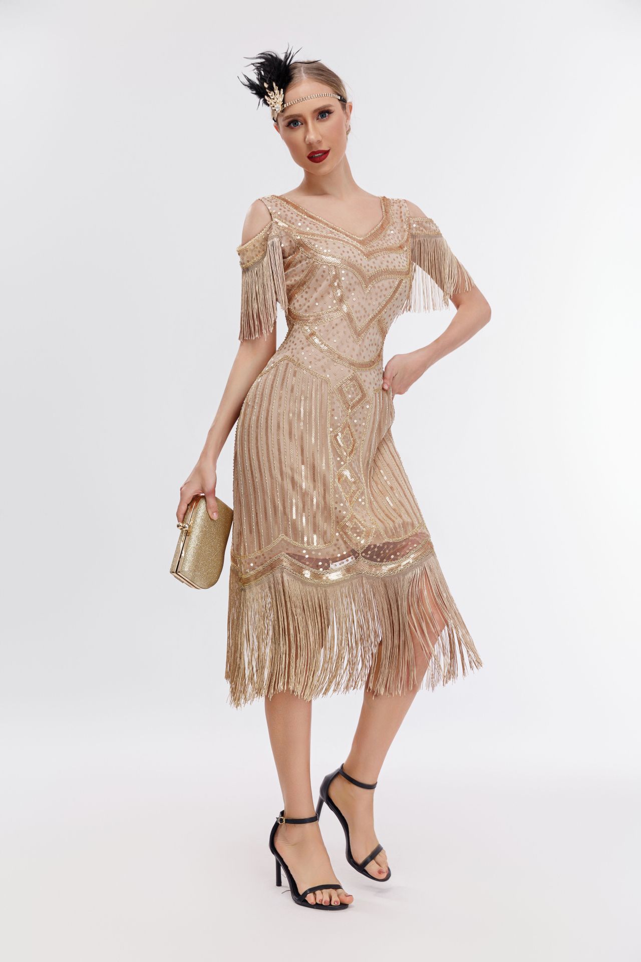 1920s Evening Dress - off Shoulder Tassel Gatsby Midi