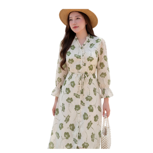 Robe midi à imprimé floral pour femmes, col en V, manches à volants, coupe évasée, robe d'été décontractée, tissu tissé respirant - Product Image 1