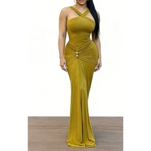 Vestido Maxi de un Solo Hombro con Fruncido y Detalles Dorados para Mujer, Vestido de Noche Ajustado sin Mangas para Eventos Formales - Product Image 2