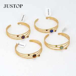 Brazalete JUSTOP de Acero Inoxidable Chapado en Oro con Incrustaciones de Piedra Natural Azul, Estilo Moderno, Joyería para Mujer - Product Image 3