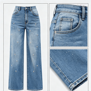 Jeans de Moda para <span class=keywords><strong>Mujer</strong></span>, Corte Recto y Amplio, Azul, Elásticos, de Algodón Suave, Estilo Casual Europeo - Product Image 2