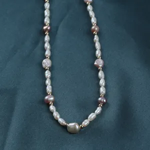Thanh lịch tự nhiên nước ngọt trắng keshi Baroque ngọc trai S925 bạc vòng cổ dành cho phụ nữ