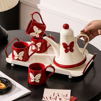 Service à thé en céramique de style français avec théière, élégant service à thé en porcelaine à motif papillon, magnifique coffret cadeau pour mariage