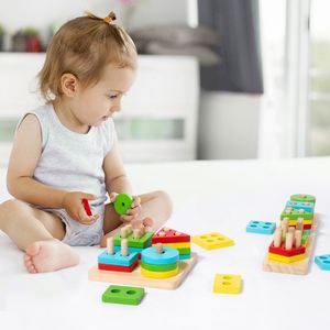 Juguete de Rompecabezas Apilable de Madera Natural, Juego de Reconocimiento de Colores y Clasificación de Formas para Bebés - Product Image 4