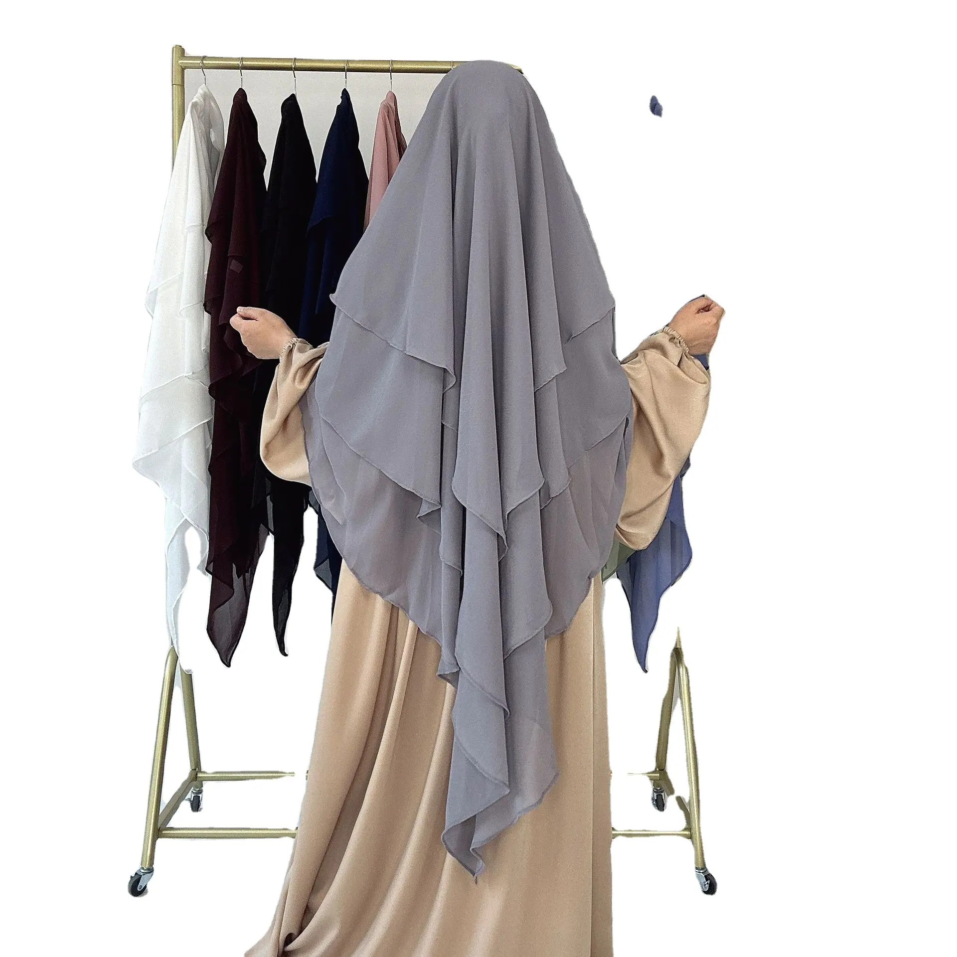 L0005 Muhaban three Layers Overhead Chiffon Tie Back Khimar Islamic Hijab Plain Prayer Scarf Muslim Women Long Niqab Jilbabs