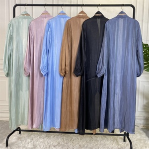 1877# Lightweight Spring Summer <b>Maxi</b> Dress Shiny Silk Puff Sleeve Muslim Women Open Abaya Dubai <b>Kaftan</b> Islamic Clothing 6 Colors - Product Image 6