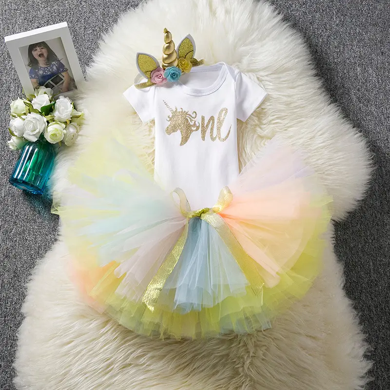 P110031 1 Jahre Kinder kleid Prinzessin Farbverlauf Farbe 3 Schichten Blume Einhorn Kuchen Kinder Kleinkind Mädchen Tutu Kostüm 4 Stück Anzüge