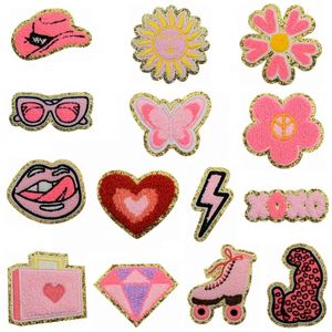 Nouveau Patch en Chenille Thermocollant Rose Vif avec Bord Doré, Motifs Fleur, Lumière, Sac à Main, Patineur, Lunettes de Soleil pour Vêtements et Sacs - Product Image 1