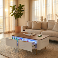 Table basse intelligente Kainice moderne avec haut-parleurs, finition bois, réfrigérateur intégré pour boissons et bière, plateau en verre trempé