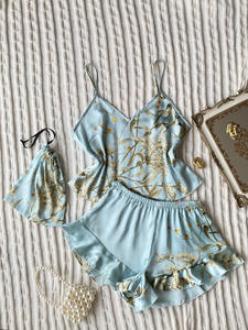 Wholesale Elegant Floral Print <b>Cami</b> Tops Ruffle Hem Shorts Pajama Set Women's Sleepwear Loungewear - Product Image 3