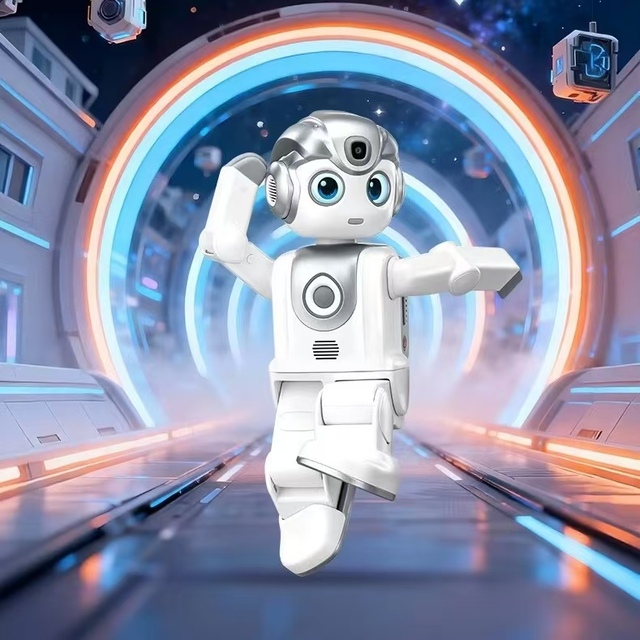 An Electronic Intelligent Robot App Controls a Talking Educational AI Robot; a Children's Pet Toy with Gesture Technology.