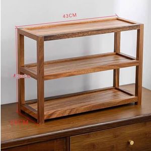 Walnut wood tea set storage rack, solid wood three-tier <b>shelf</b>, <b>desktop</b> living room decoration, antique display <b>shelf</b>, teapot - Product Image 2